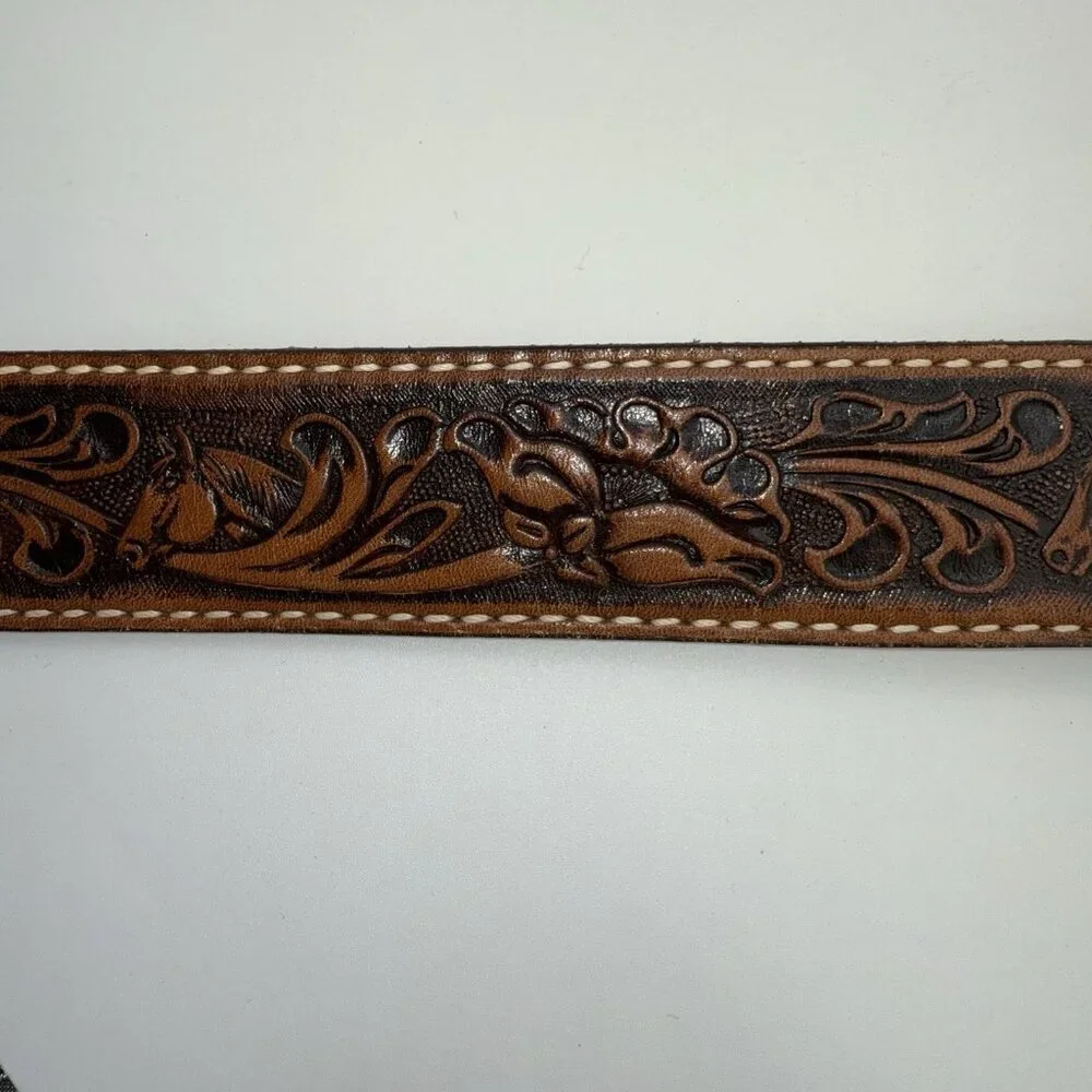 Vintage Leather Men’s Belt Tooled Horse Design Sz 36